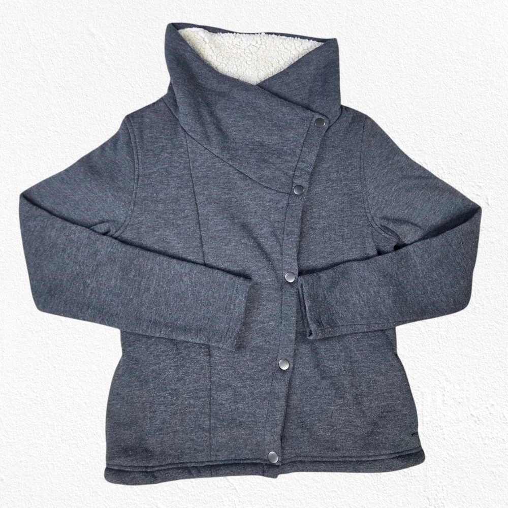 Columbia Gray Asymmetrical Snap Fleece Jacket Sherpa Lined Coat Size Medium